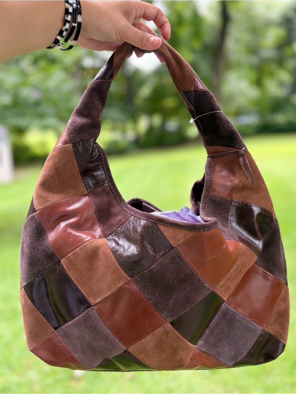 NWT Lodis Piece Fall Patchwork Leather Suede Hobo Bag Brown Multi